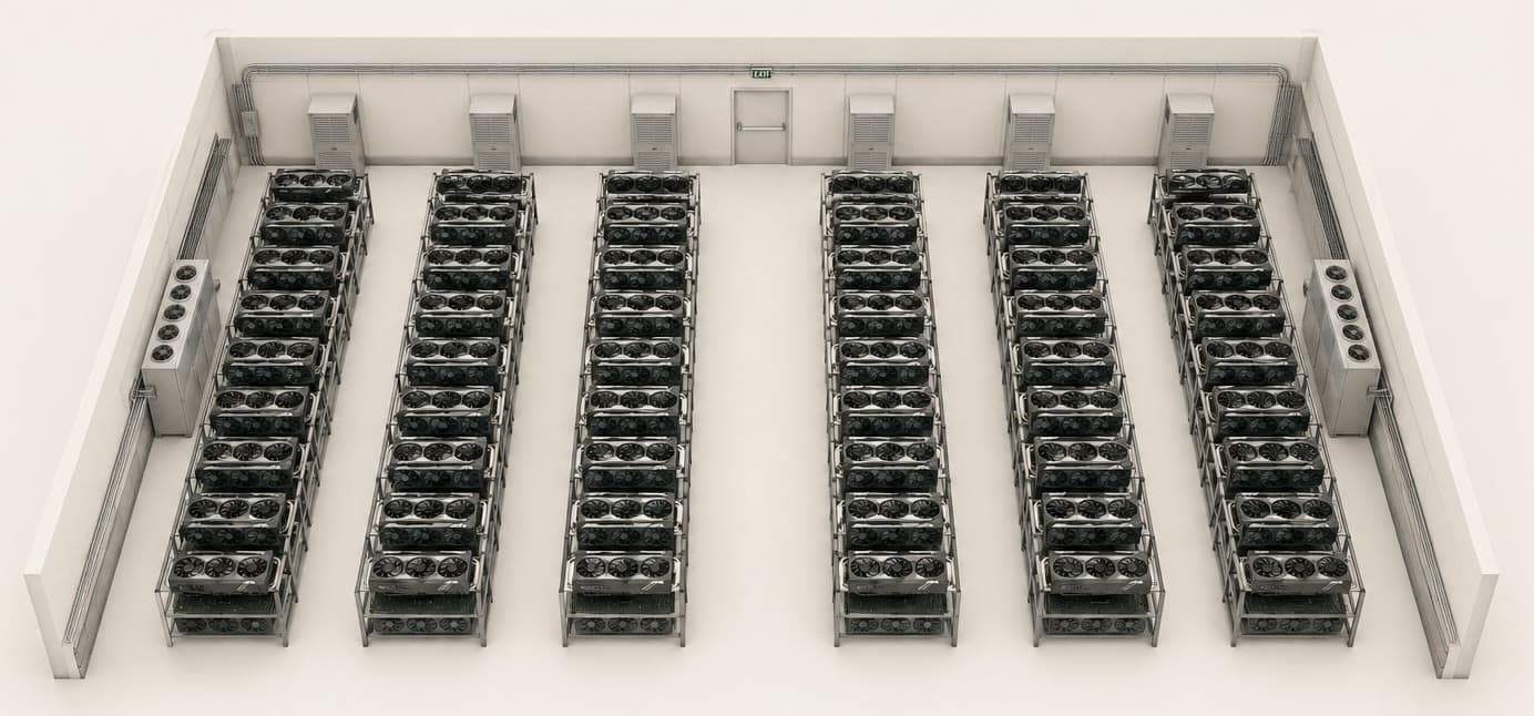 An overhead view of a GPU datacenter hall, racks in rows